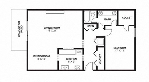 Floor plan for 1 bed, 1 bath, 1005 sqft